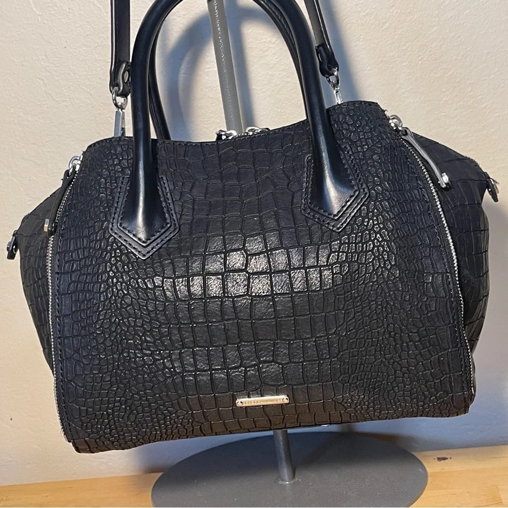 Rebecca Minkoff Perry Croc Embossed Leather Satchel Black Top Handle Crossbody